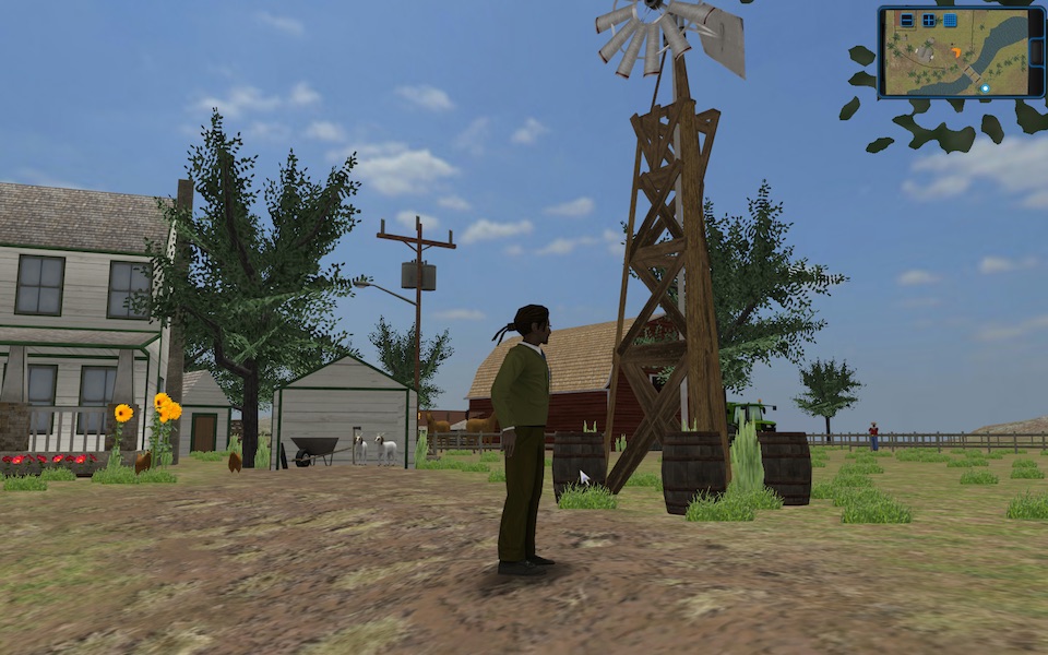Player outside looking at a windmill